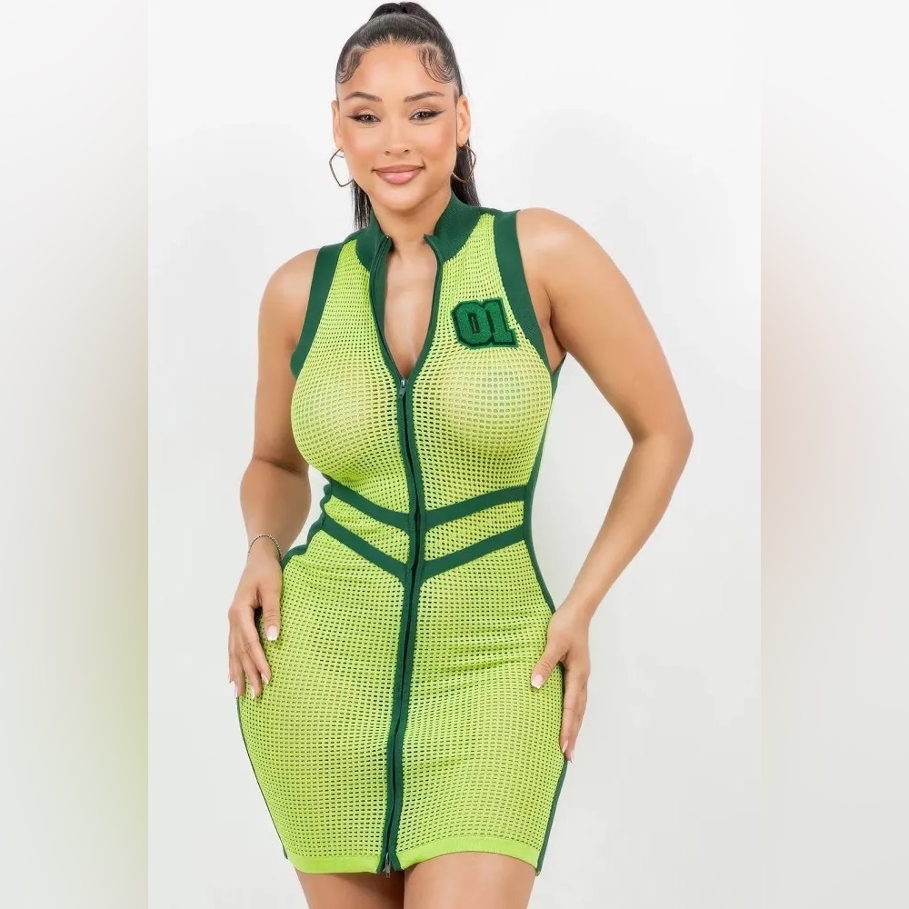 Netting 2 Way Zipper Green Sleeveless Mini Dress